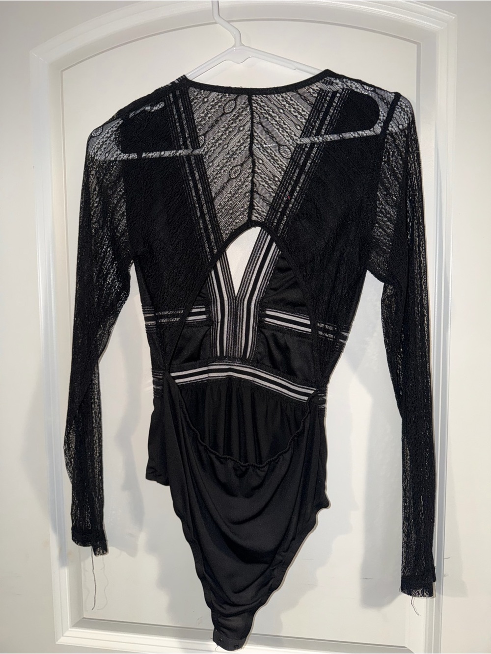 Black Lace Deep V Long-Sleeve Bodysuit by - Picture 2 of 4